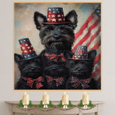 Mother Scottish Terrier and Three Puppies in Patriotic Star Hats with American Flag Backdrop in Festive Family Portrait on Ready to Hang 1.5" Thick Canvas Wrap, Floating Framed Canvas, Flat Rolled Canvas